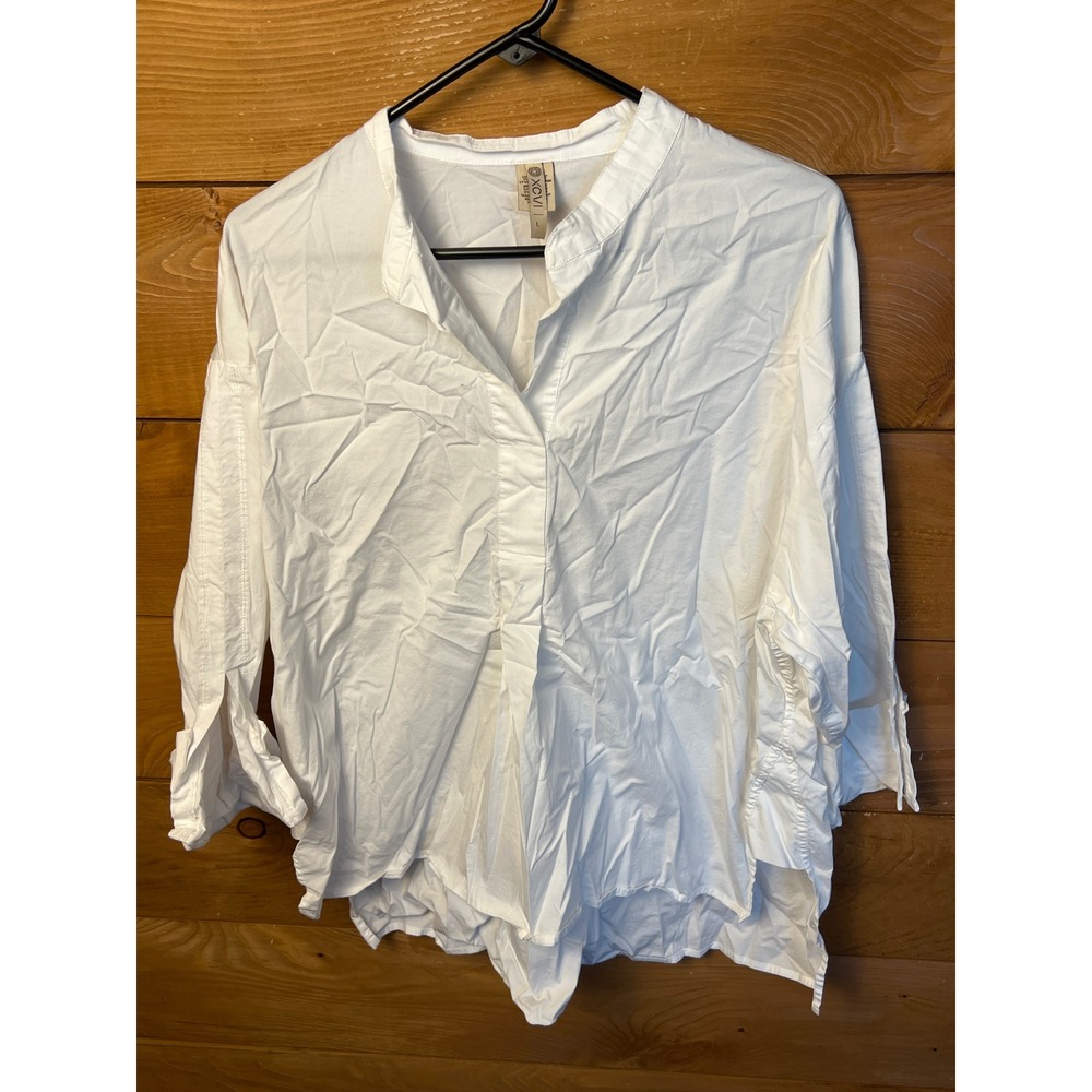 XCVI White Cotton Blend Button Down Shirt Top Tunic Womens Size L Casual Relaxed